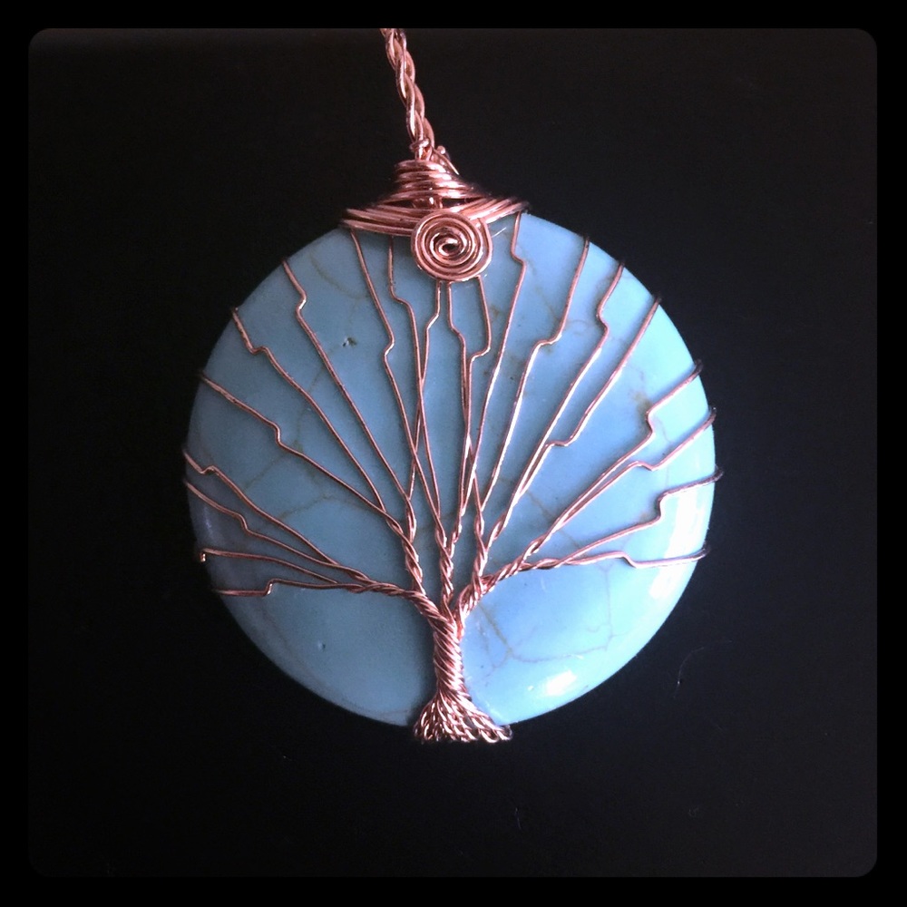 Real gemstone copper wrapped tree design pendant